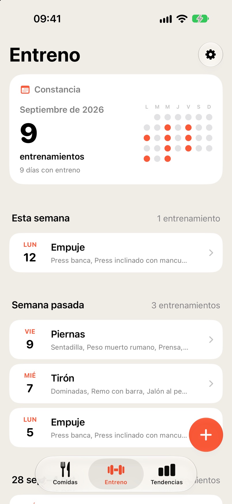 Entreno: 9 entrenamientos en septiembre, el calendario de constancia y los entrenos de cada semana.