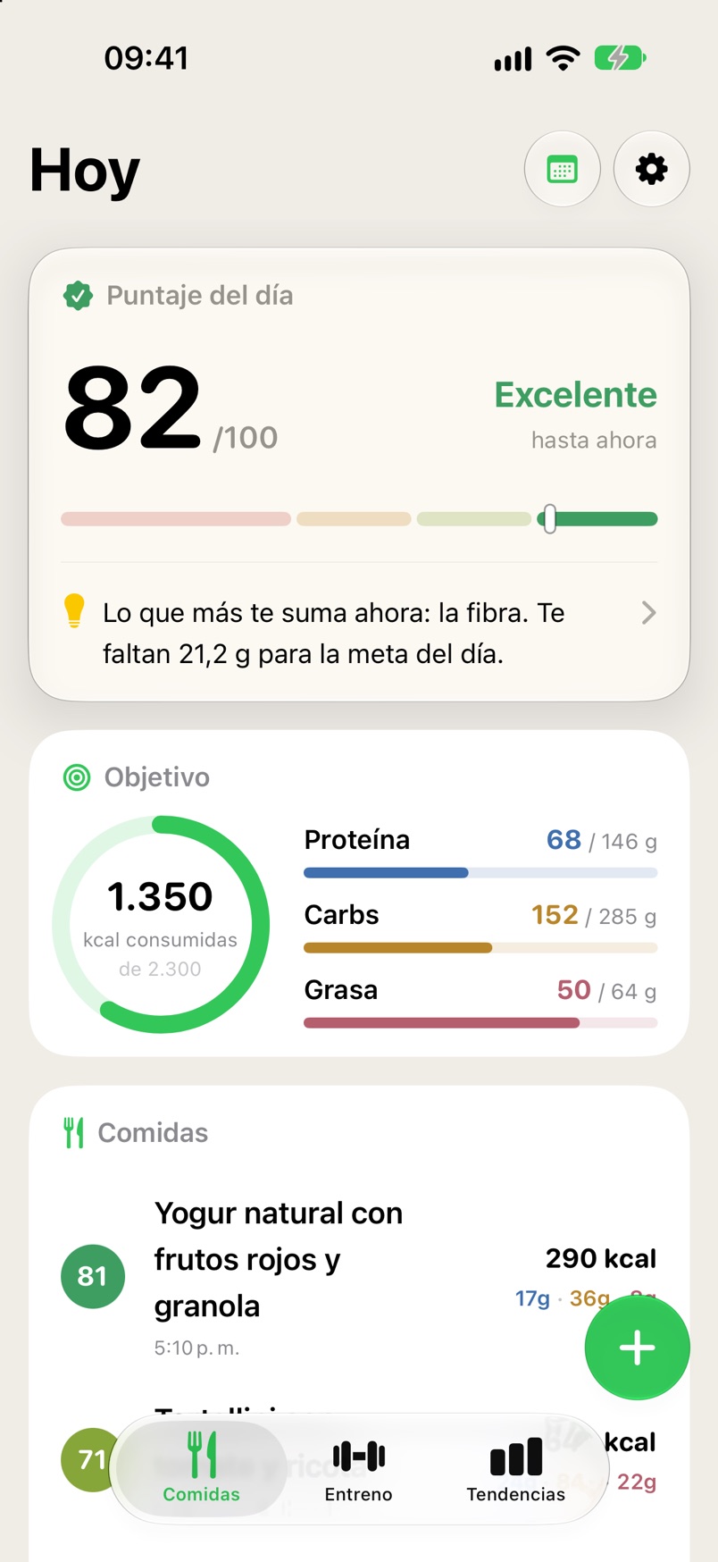 Pantalla Hoy: puntaje del día 82, lo que más te suma ahora y 1.350 de 2.300 kcal.